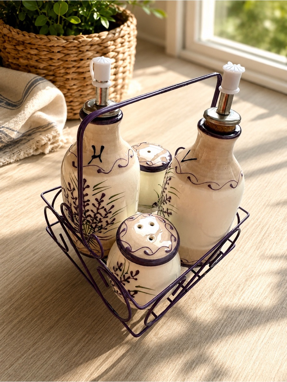 🇫🇷 French Provence Ceramic Oil & Vinegar Cruet Set with Salt & Pepper – Terres